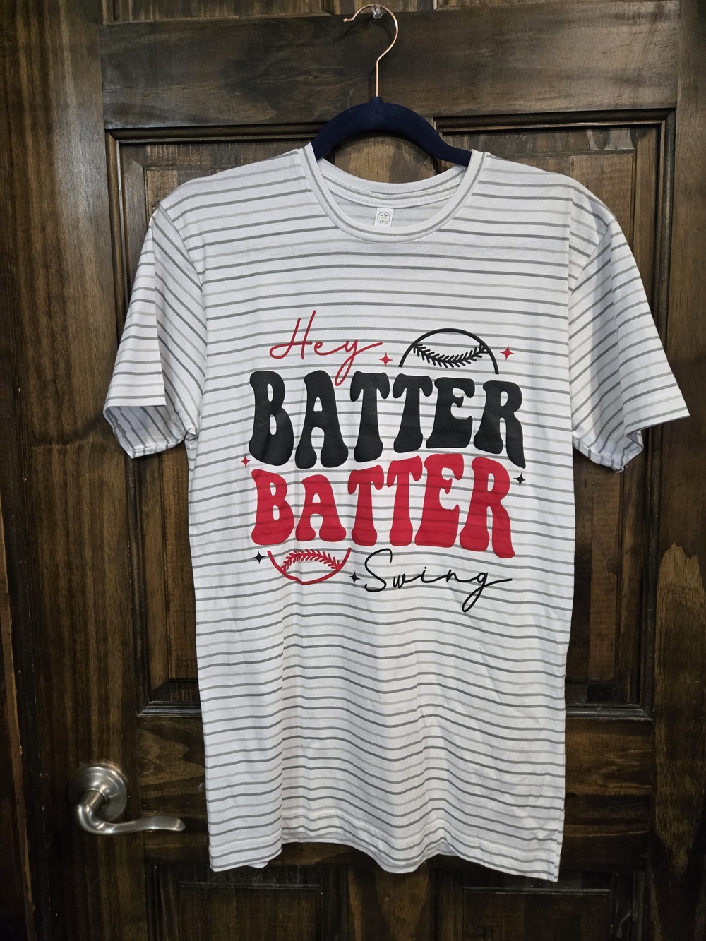 Womens Hey Batter Batter Graphic Tee - White/Gray Striped NWOT